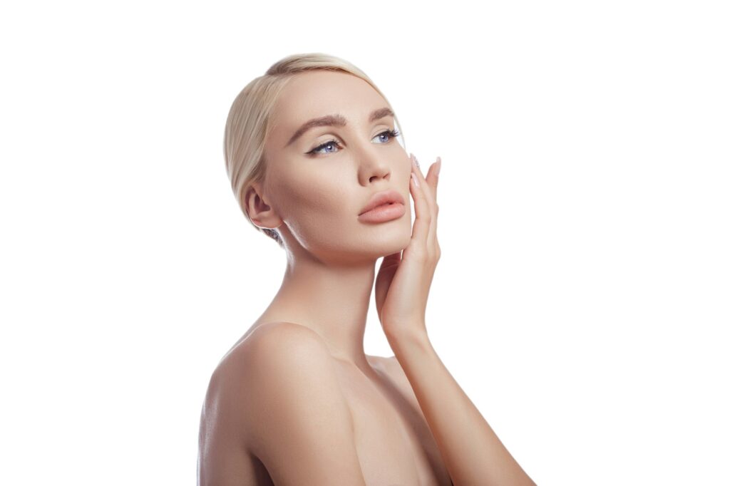 Perfect clean skin of a woman, a cosmetic for wrinkles. Rejuvenating effect on the skin care