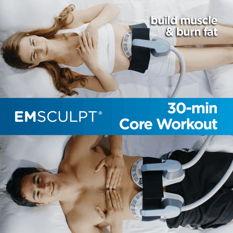 EmSculpt Body Contouring Man and Woman sculpting their abs with Emsculpt Neo